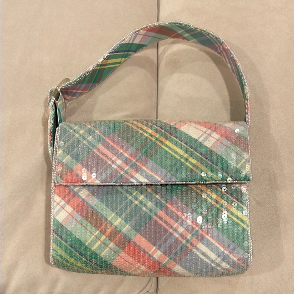 Anthropologie Maeve Pastel Plaid Sequin Handbag